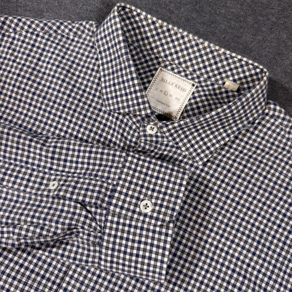 Billy Reid Button Down Shirt Mens L Blue White Gingham Check Standard Cut Cotton